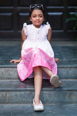 Kids Summer Knee-Length Dress - White to Pink Gradient Floral Border Casual Frock