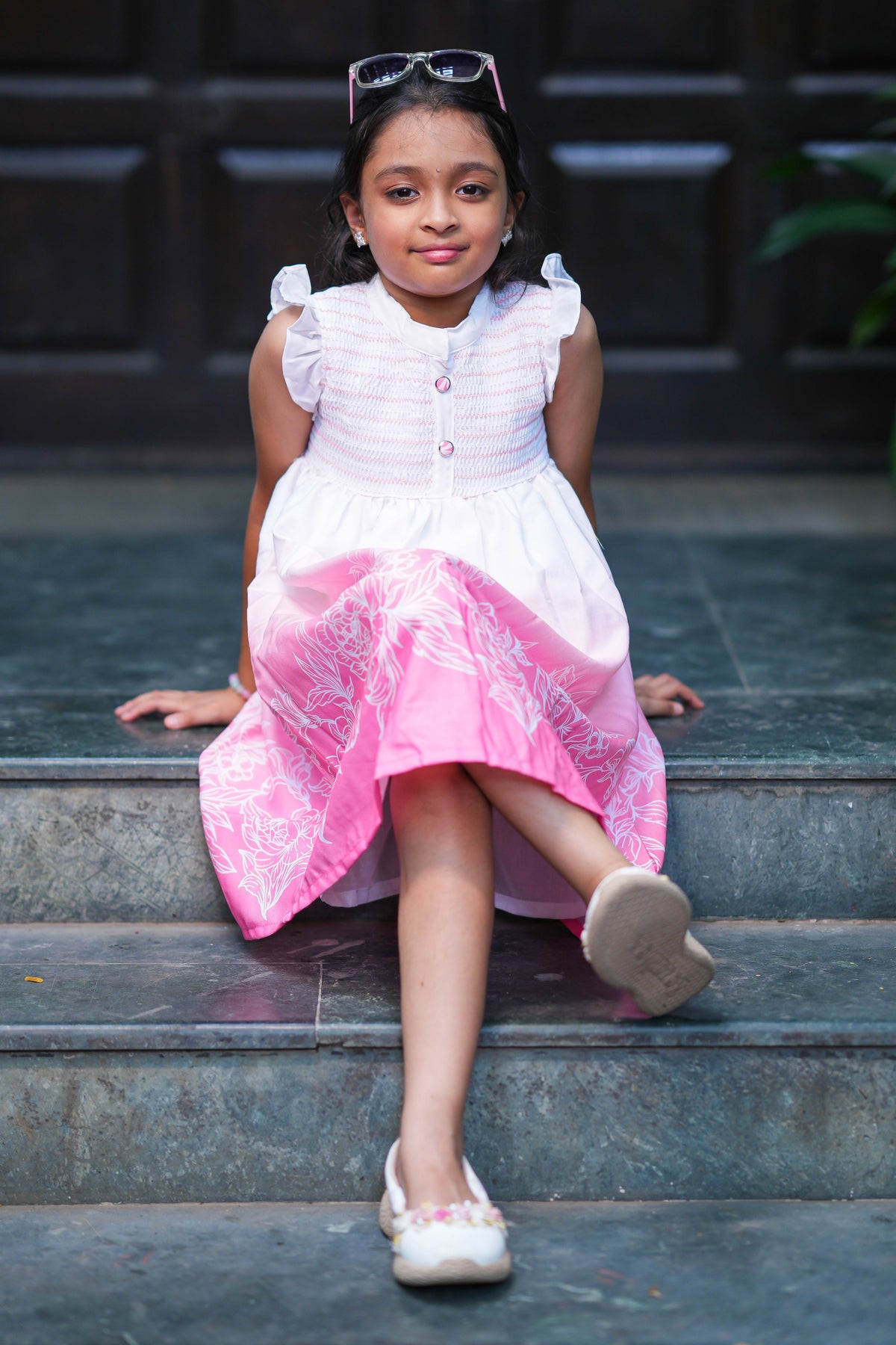 Kids Summer Knee-Length Dress - White to Pink Gradient Floral Border Casual Frock