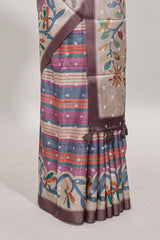 Violet Tussar Saree checkered body artistic floral prints and contrasting border with tassel along with blouse piece