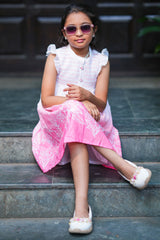 Kids Summer Knee-Length Dress - White to Pink Gradient Floral Border Casual Frock