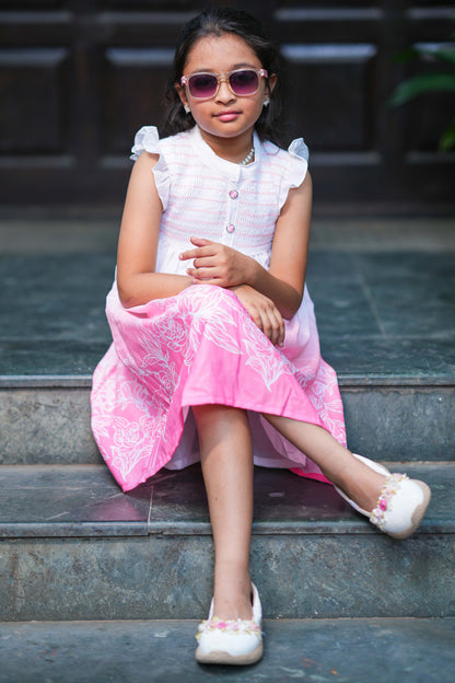 Kids Summer Knee-Length Dress - White to Pink Gradient Floral Border Casual Frock