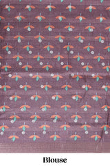 Violet Tussar Saree checkered body artistic floral prints and contrasting border with tassel along with blouse piece