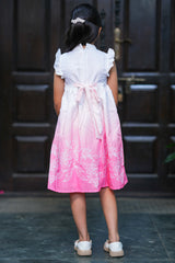 Kids Summer Knee-Length Dress - White to Pink Gradient Floral Border Casual Frock
