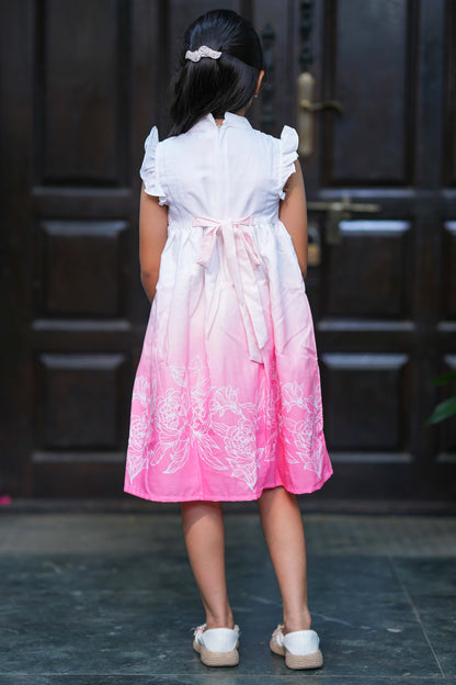 Kids Summer Knee-Length Dress - White to Pink Gradient Floral Border Casual Frock