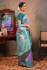 Lavender colour Semi soft Silk Saree Silver Zari Small Buttas design with Contrast Zari Border and Contrast Blouse