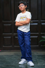 Boys Yellow & White Striped Cotton Shirt with White Printed T-Shirt and Blue Cargo Jeans Set