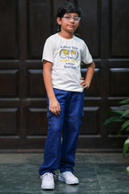 Boys Yellow & White Striped Cotton Shirt with White Printed T-Shirt and Blue Cargo Jeans Set