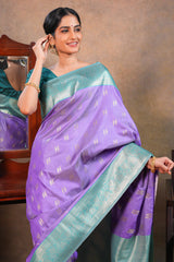 Lavender colour Semi soft Silk Saree Silver Zari Small Buttas design with Contrast Zari Border and Contrast Blouse