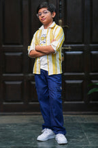 Boys Yellow & White Striped Cotton Shirt with White Printed T-Shirt and Blue Cargo Jeans Set