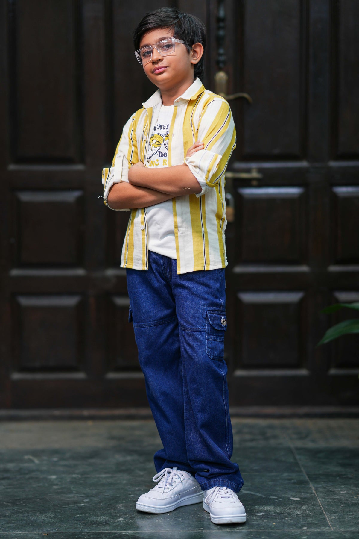 Boys Yellow & White Striped Cotton Shirt with White Printed T-Shirt and Blue Cargo Jeans Set