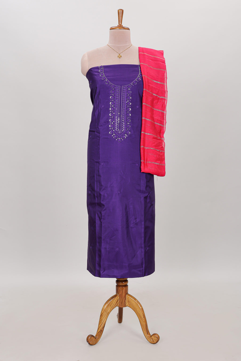 Violet embroidery floral motifs chudidhar material with contrast solid pant and contrast striped dupatta
