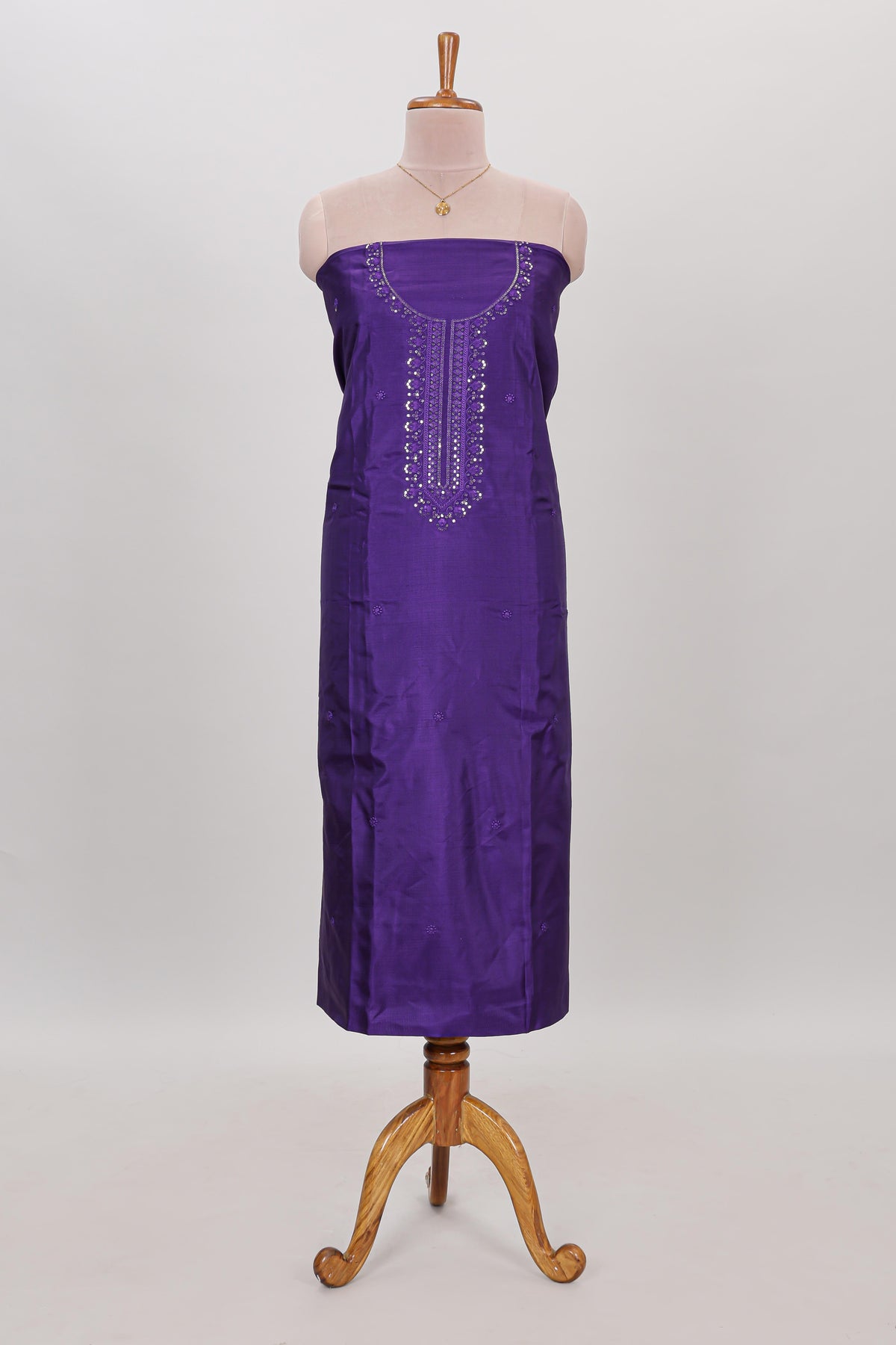 Violet embroidery floral motifs chudidhar material with contrast solid pant and contrast striped dupatta