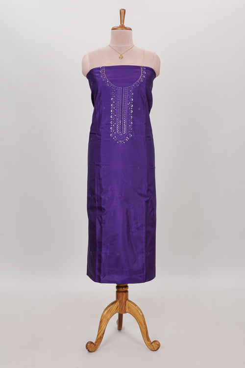Violet embroidery floral motifs chudidhar material with contrast solid pant and contrast striped dupatta