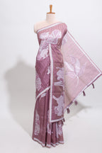 Peach floral motifs design tussar saree with self border and matching blouse