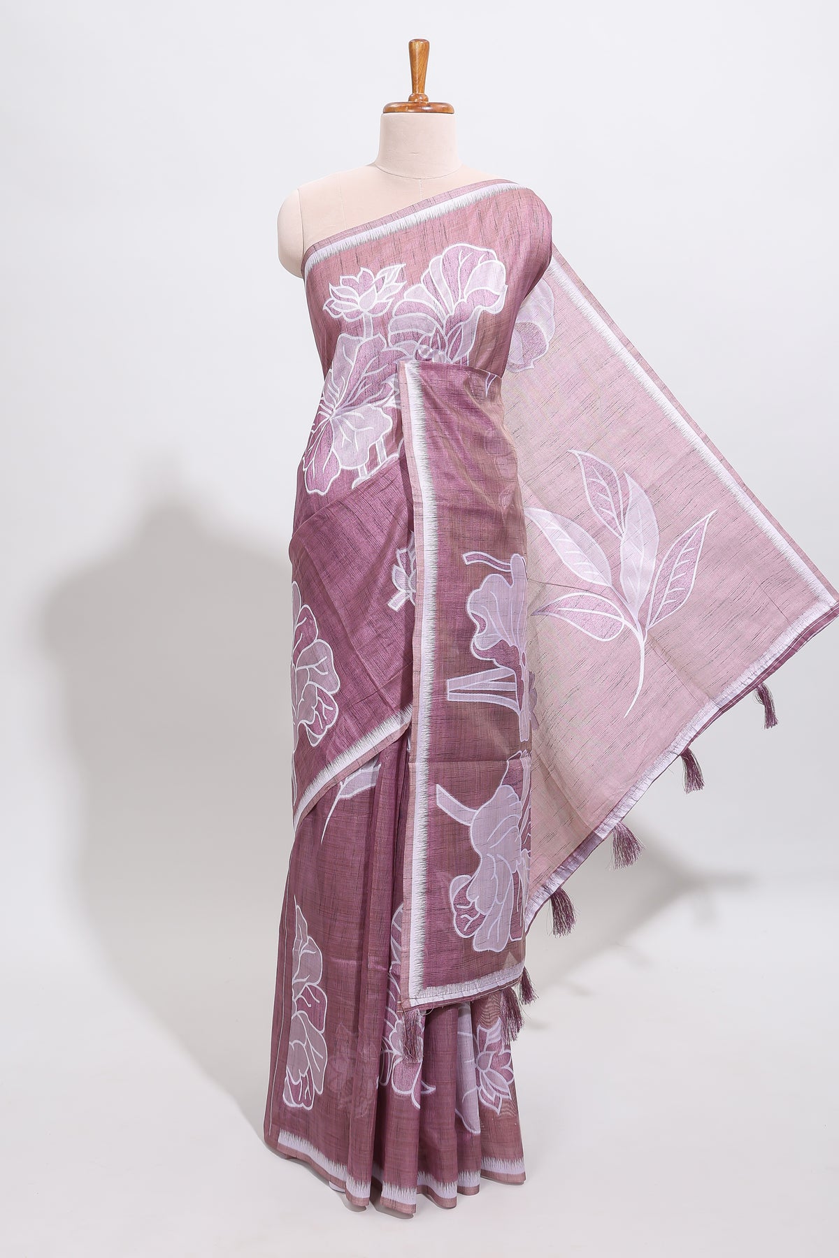 Peach floral motifs design tussar saree with self border and matching blouse