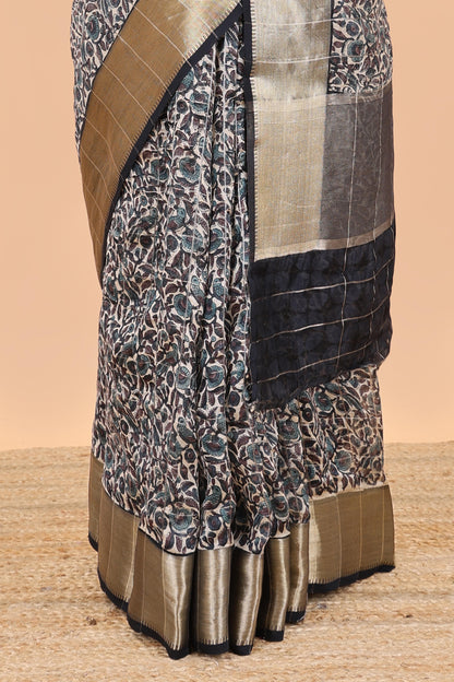 Cream checked chanderi cotton saree with floral and birds print contrast zari border