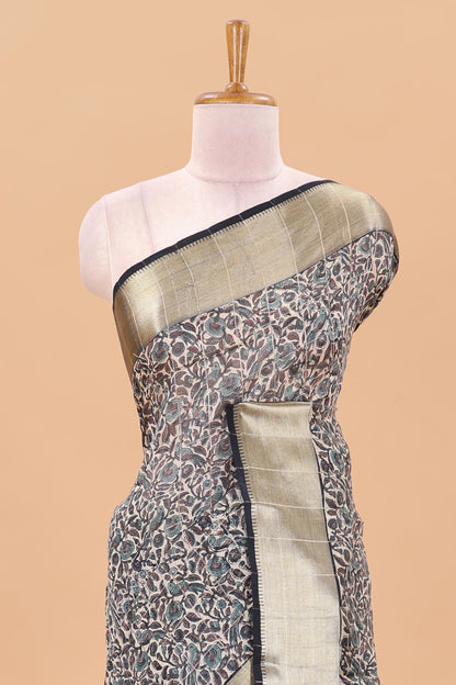 Cream checked chanderi cotton saree with floral and birds print contrast zari border