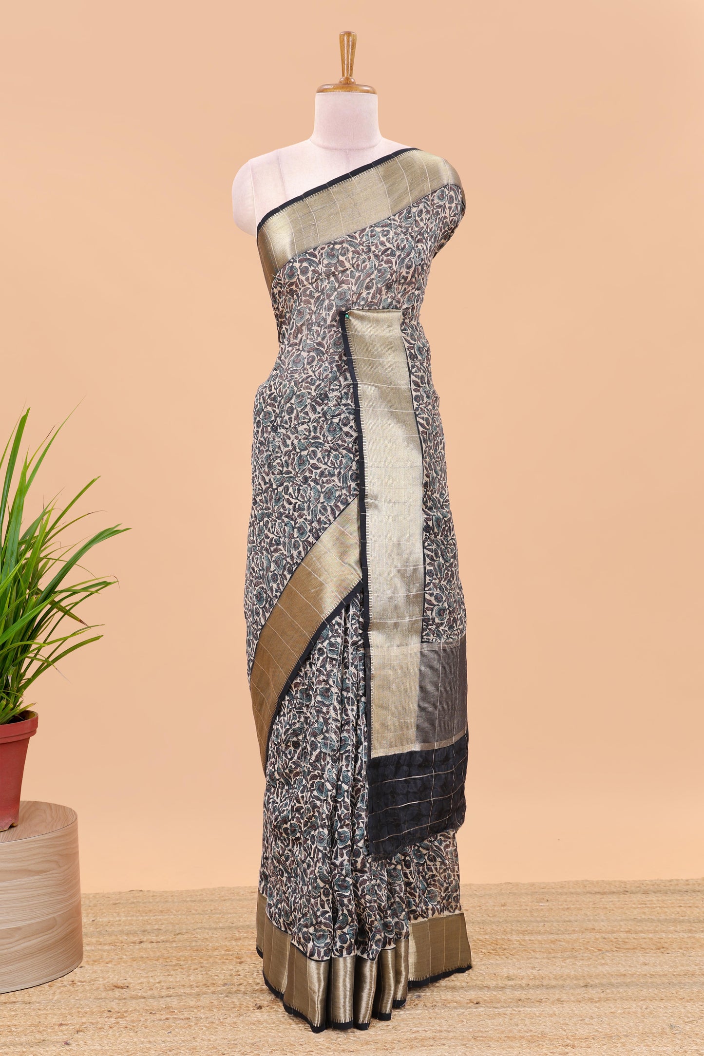 Cream checked chanderi cotton saree with floral and birds print contrast zari border