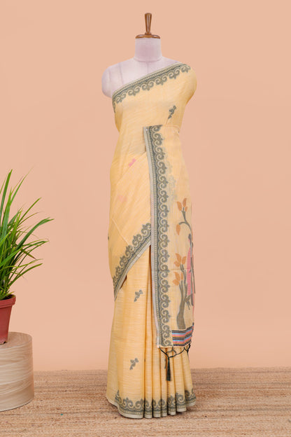 Sandal birds motifs linen cotton saree with self border and matchin blouse