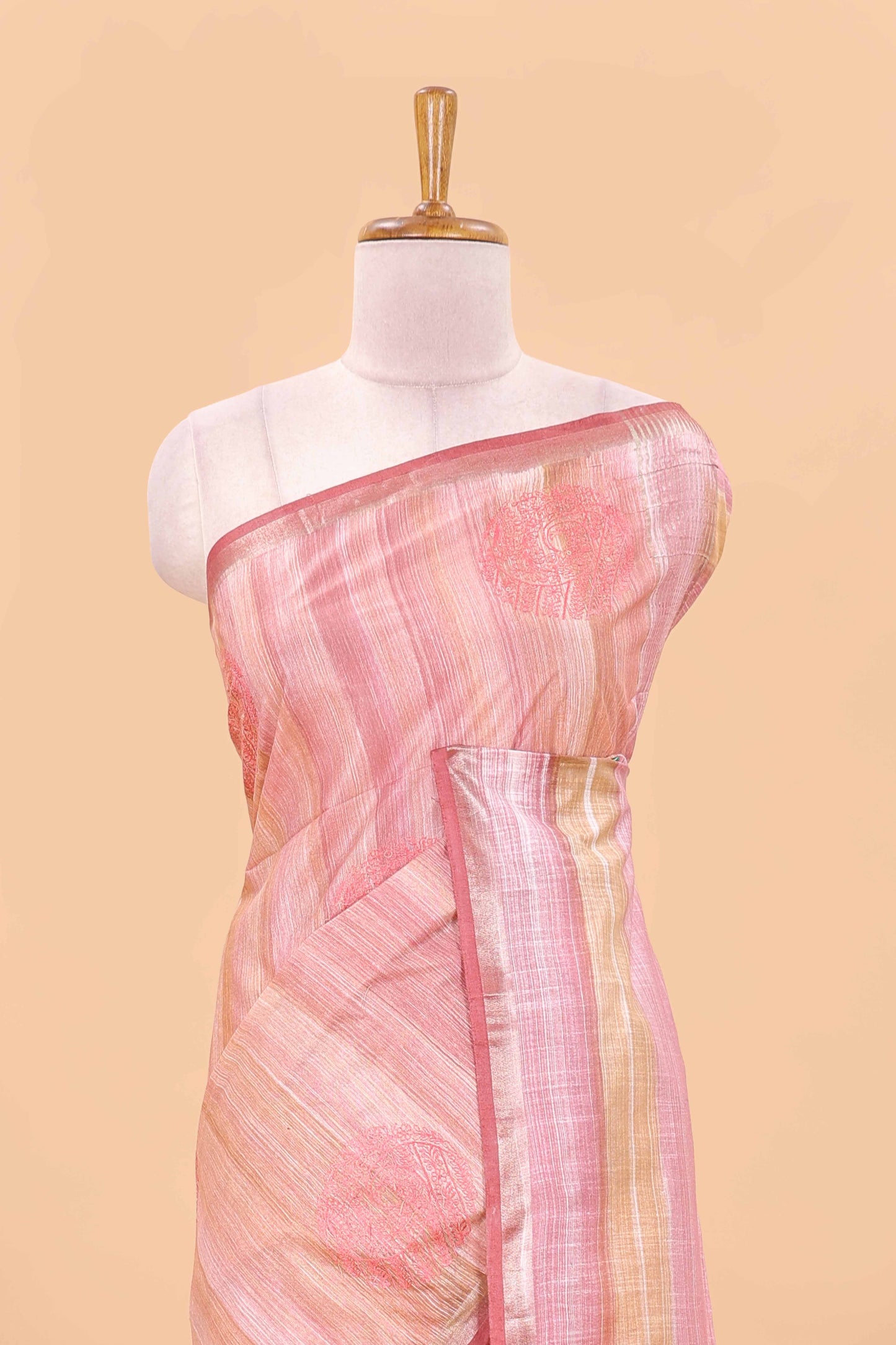 Peach stripes chikankari cotton saree with floral butta and self pallu