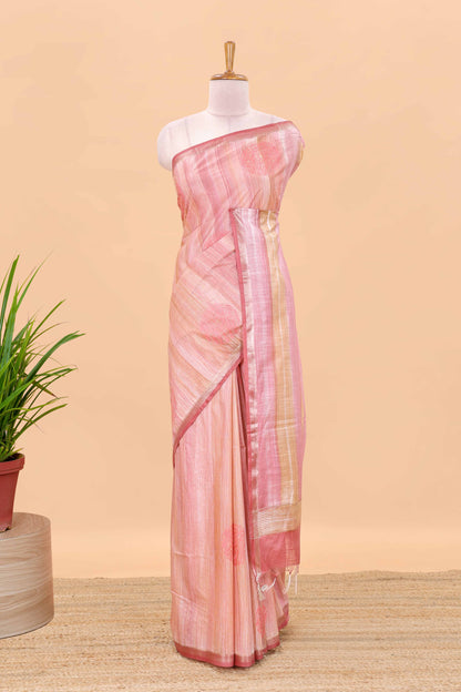 Peach stripes chikankari cotton saree with floral butta and self pallu