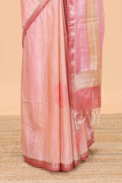 Peach stripes chikankari cotton saree with floral butta and self pallu