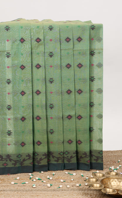 Green geometric pattern small butta bengal cotton saree with contrast border and matching pallu