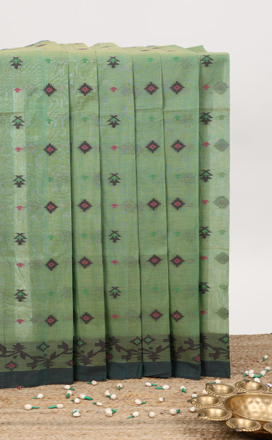 Green geometric pattern small butta bengal cotton saree with contrast border and matching pallu