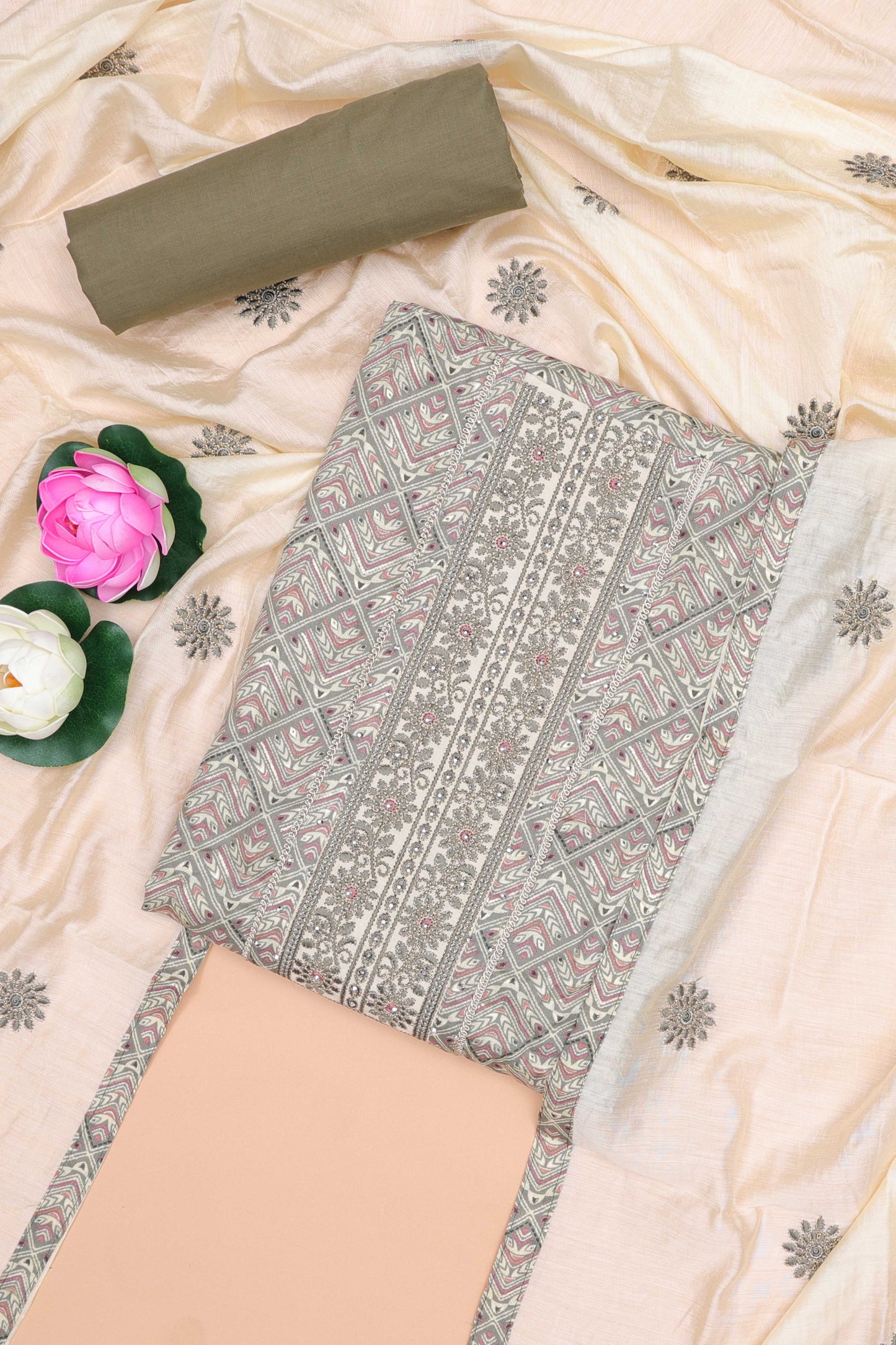 Grey cotton geomentrical embroidered chudidhar material with contrast bottom and dupatta