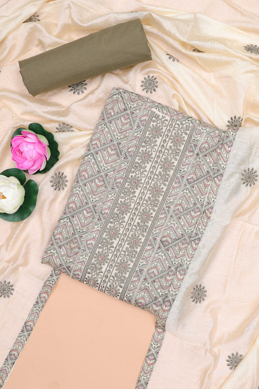 Grey cotton geomentrical embroidered chudidhar material with contrast bottom and dupatta