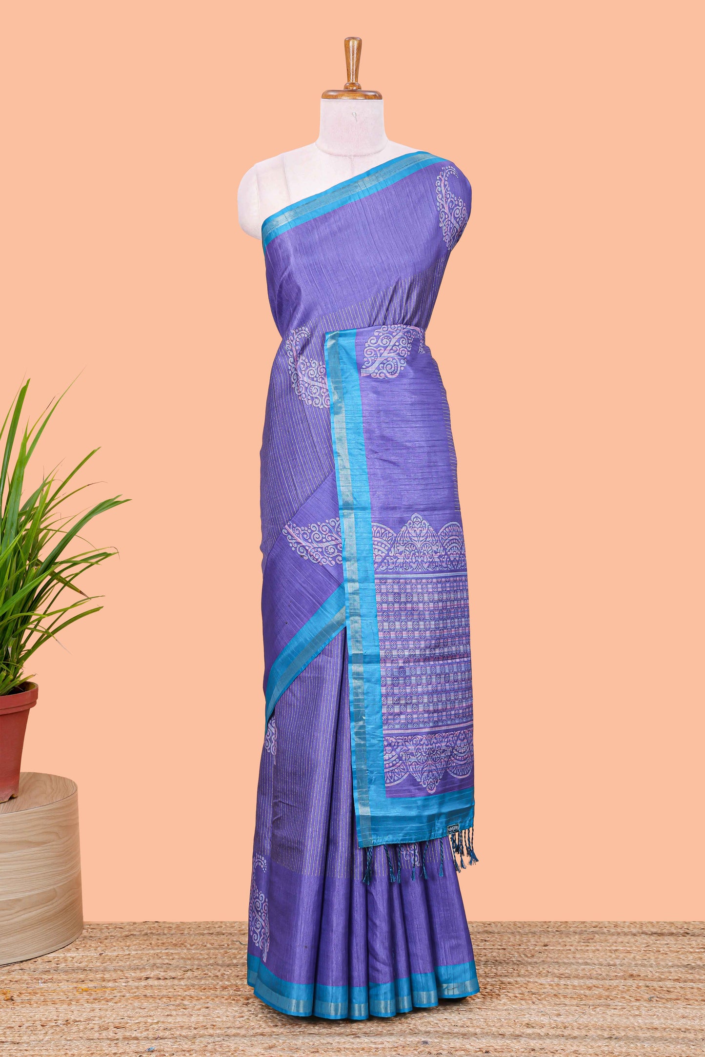 Lavender striped floral butta art tussar saree with contrast zari border and matching pallu