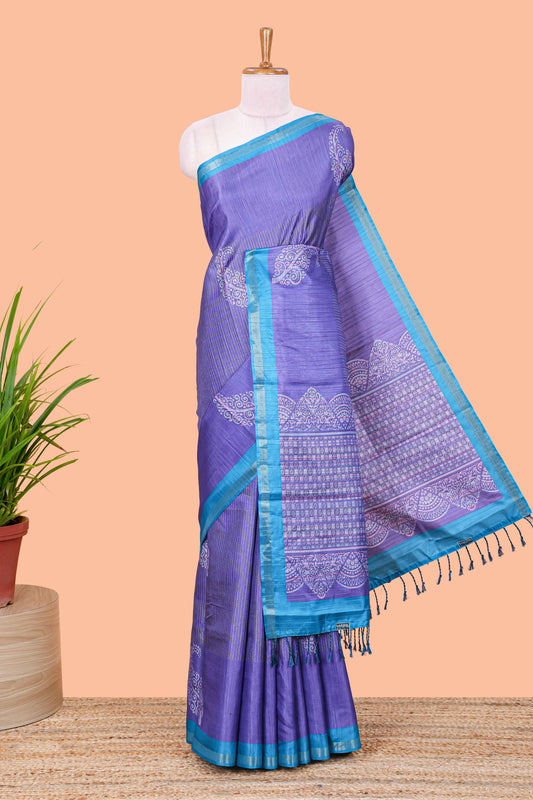 Lavender striped floral butta art tussar saree with contrast zari border and matching pallu