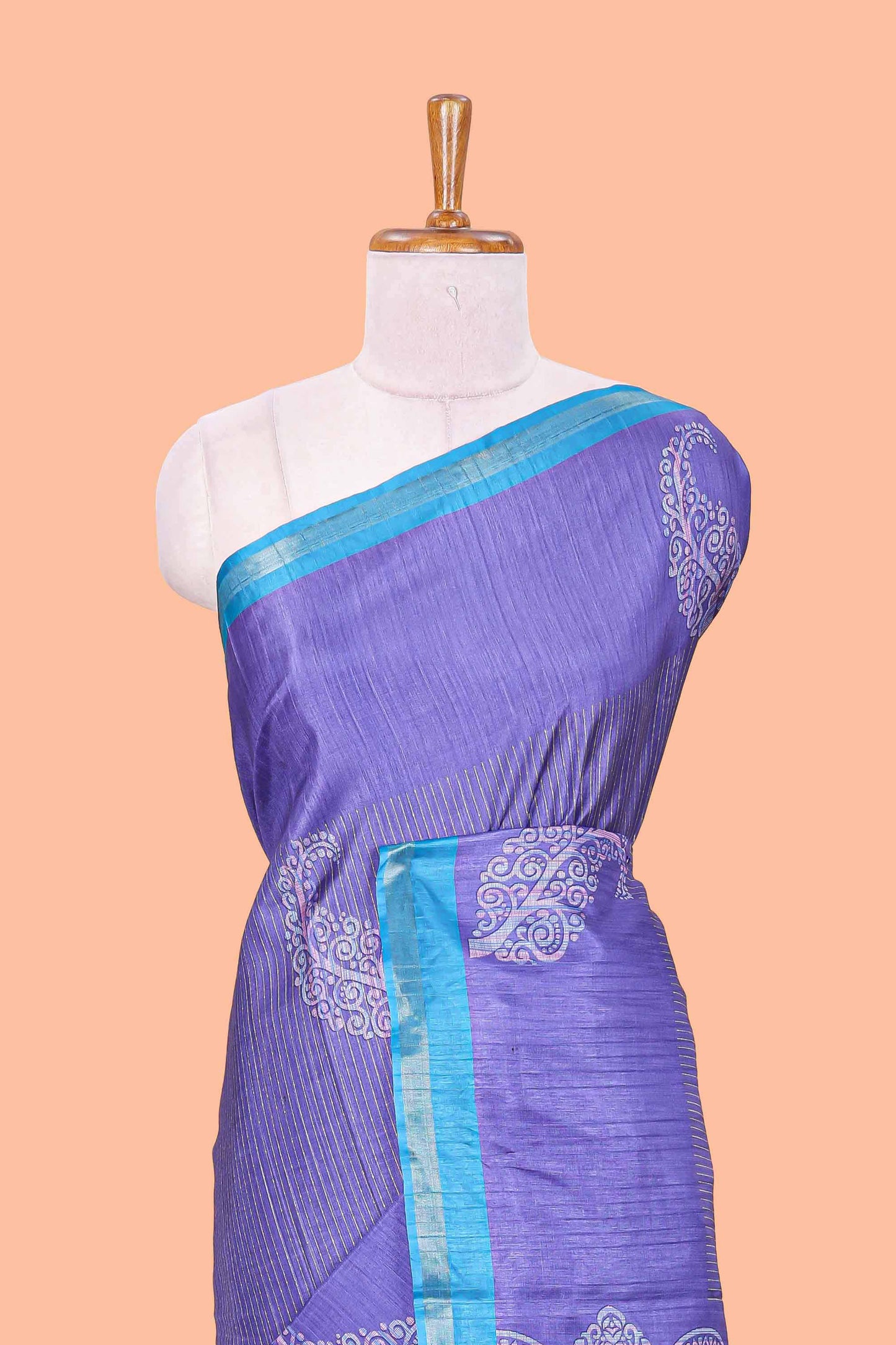 Lavender striped floral butta art tussar saree with contrast zari border and matching pallu