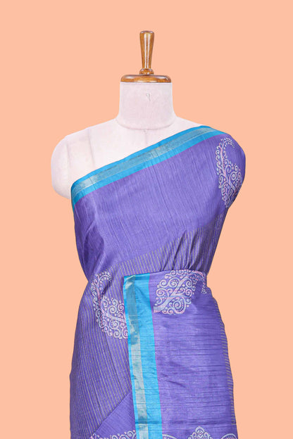 Lavender striped floral butta art tussar saree with contrast zari border and matching pallu