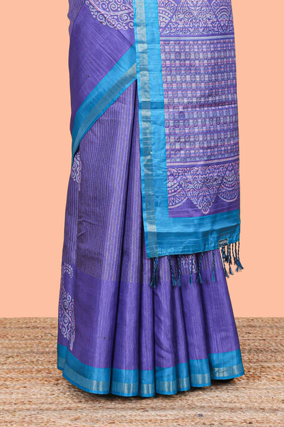 Lavender striped floral butta art tussar saree with contrast zari border and matching pallu
