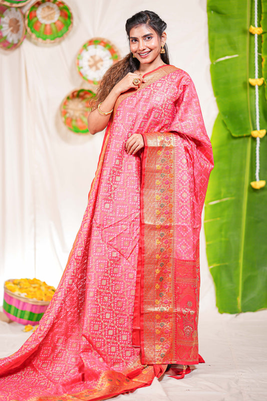 Pink geometric design kota cotton saree with contrast border and printed pallu