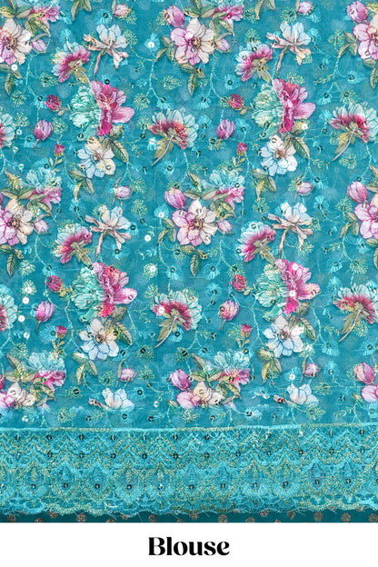 Green Moss Chiffon Saree All Over Foil Printed Along With Floral Design Blouse