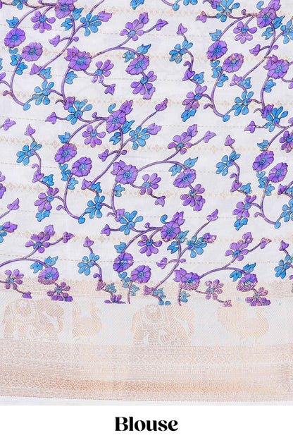 dolo silk saree with tie and dye abstract print all over body with kanchipuram border and rajastani village art pallu and floral print blouse