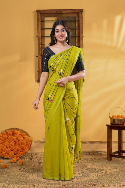 Olive Green Khadi Cotton Saree All-Over Check , Minimal Embroidery