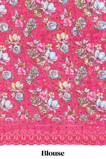 Red Moss Chiffon Saree All Over Foil Printed Along With Floral Design Blouse