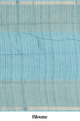 Teal Blue Art Tussar Saree Centre Floral Print Across The Body With Zari Stripes Pallu