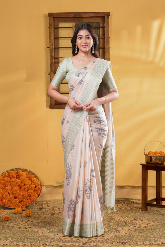 Sandal Art Tussar Saree Flower Motifs Across The Body With Contrast Zari Weaving Pallu