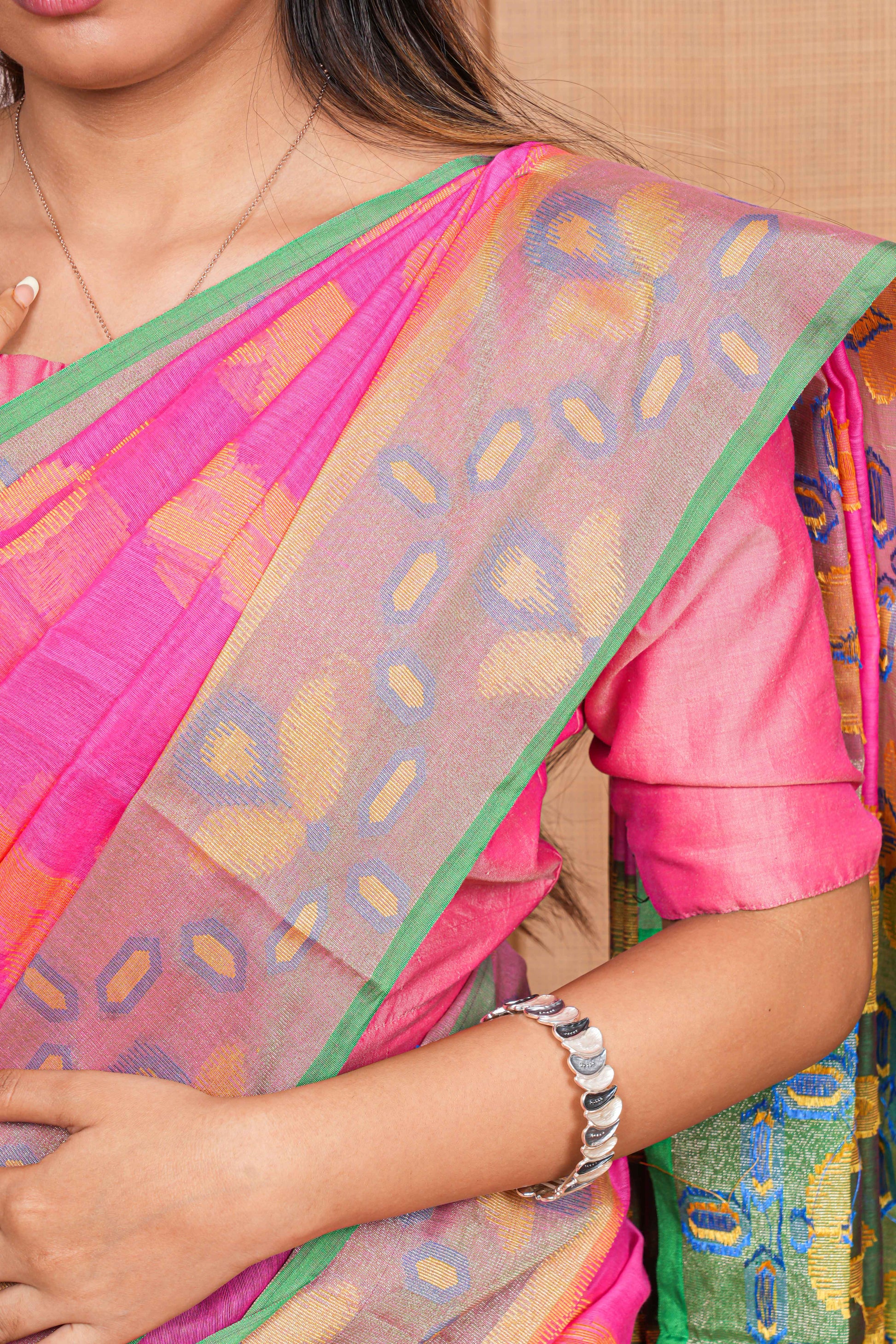 colorful pink chanderi saree with a pink blouse.