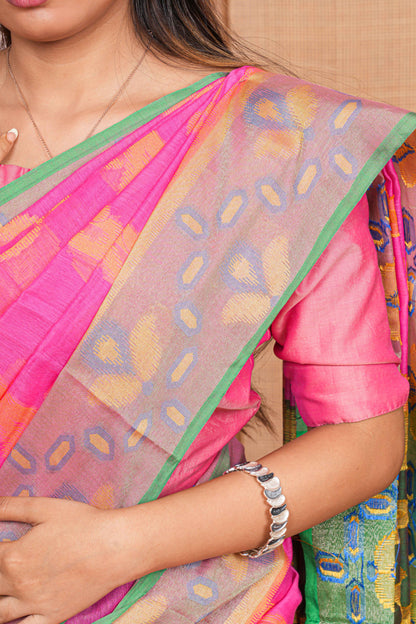colorful pink chanderi saree with a pink blouse.