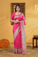 Art Tussar Saree Leaf Motifs Across The Body And Madhubani Print Pallu