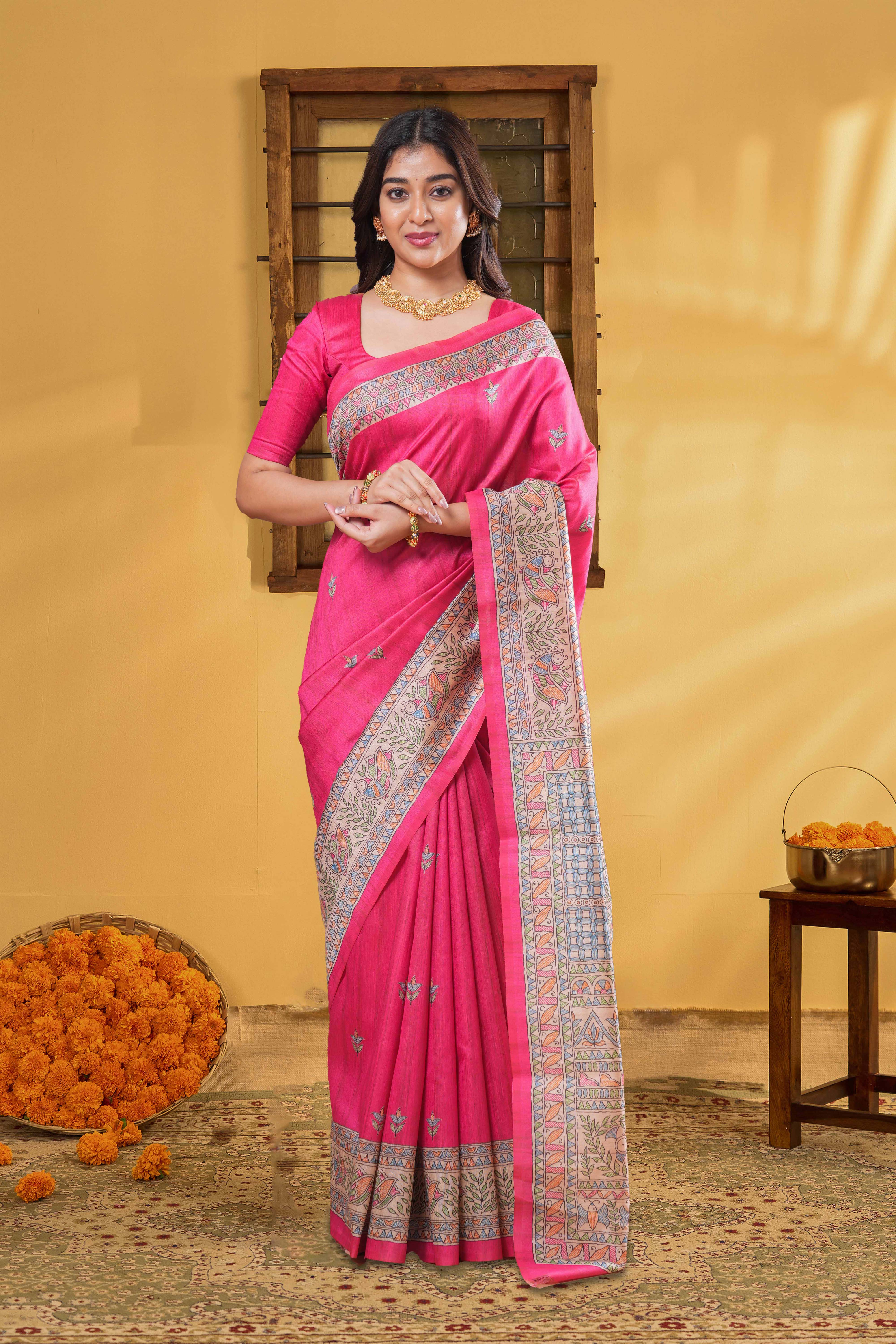 Art Tussar Saree Leaf Motifs Across The Body And Madhubani Print Pallu