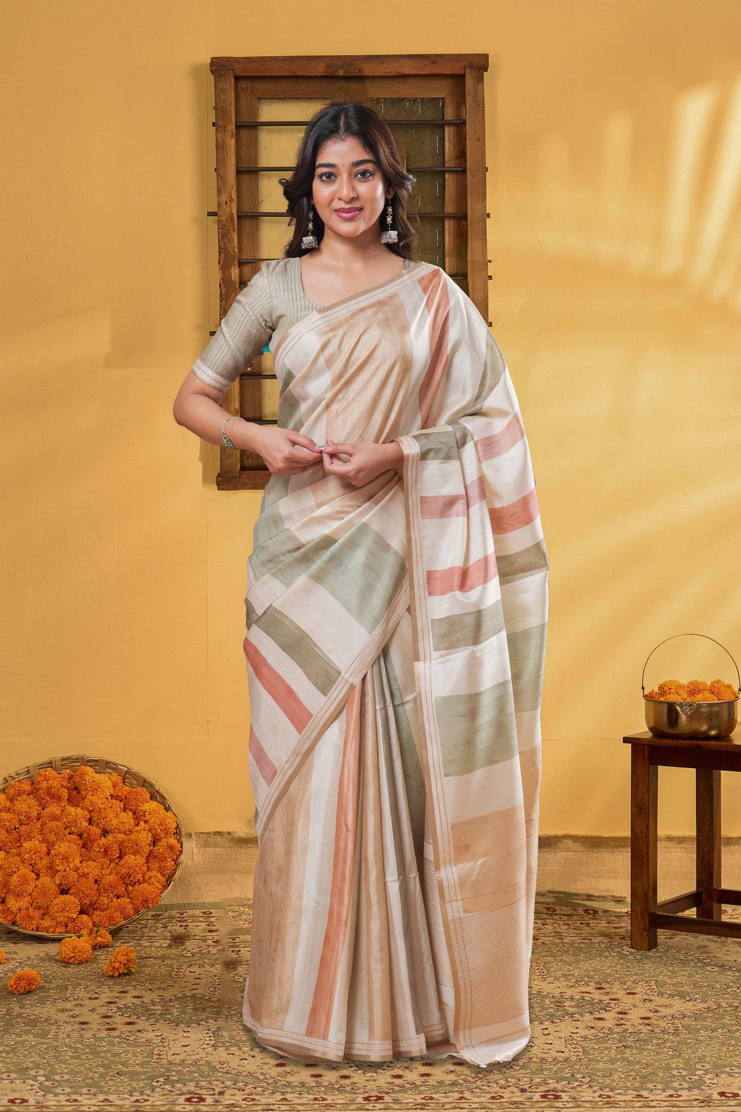 Sandal Art Tussar Saree Horizontal Stripes, Flower Motifs Across The Body And Golden Zari Pallu