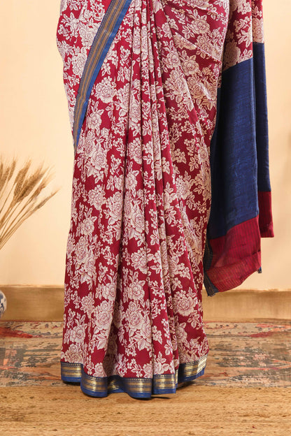 Maroon Dola Silk Saree Floral Design Across The Body & Contrast Pallu Along With Blouse