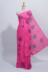 Borderless pink floral motifs design mul mul cotton saree with self pallu
