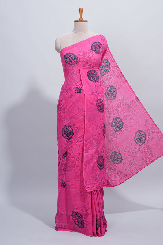 Borderless pink floral motifs design mul mul cotton saree with self pallu